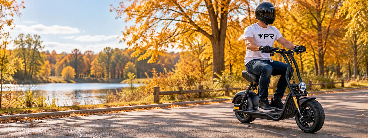 A helmeted rider wearing a white Punk Ride logo T-shirt uses the MotoTec Diablo 48V 1000W Lithium Electric Scooter in an autumn setting. Desktop collection banner.