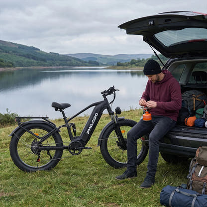 PHILODO Falcon Step-Over Black electric bike beside a lake