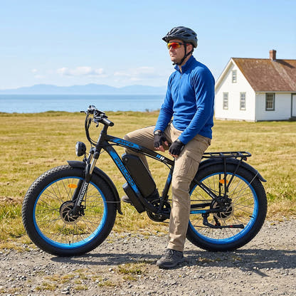 Rider beside a PHILODO H8 Blue electric bike near the coast
