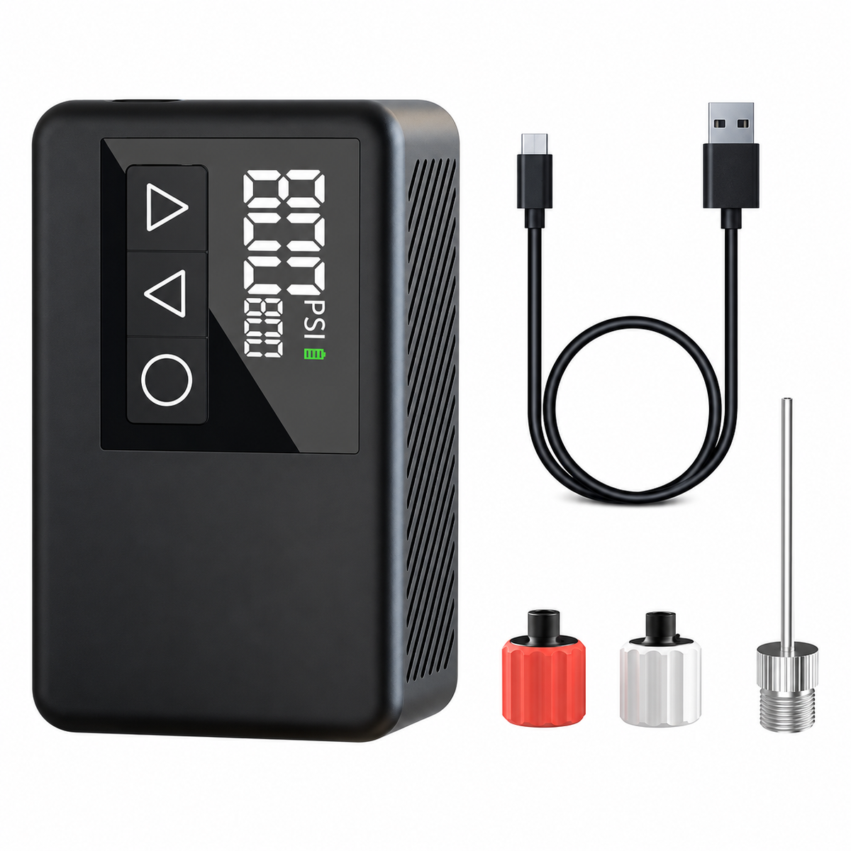 Portable digital inflator with USB cable and valve adaptors