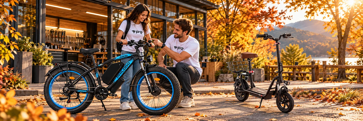 Two people discussing an electric bike beside an electric scooter in an autumn setting