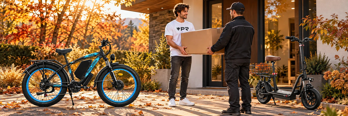 Autumn delivery handover outside a home beside an electric bike and electric scooter
