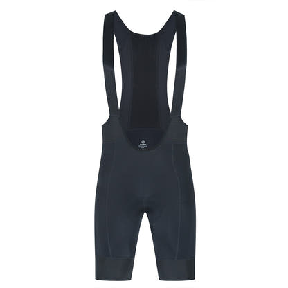Black cycling bib shorts with shoulder straps, front view