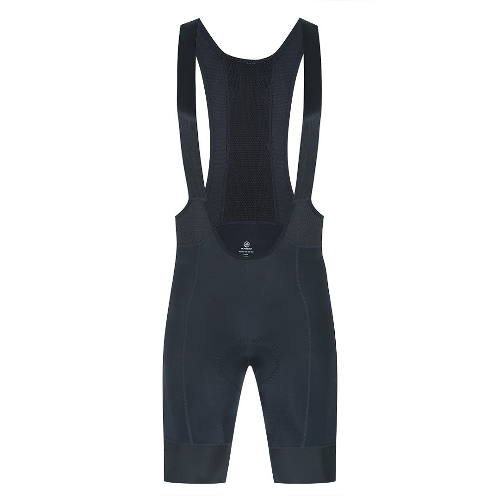 Black cycling bib shorts with shoulder straps, front view