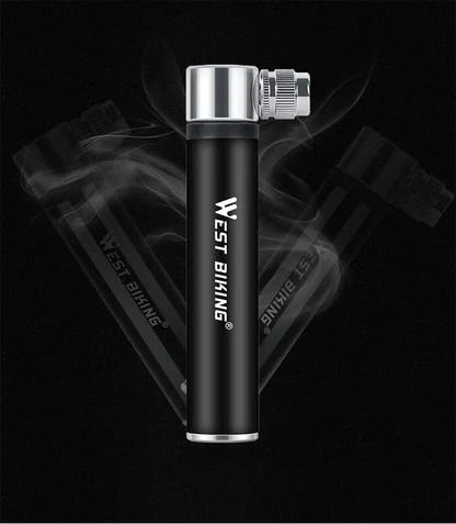 Black mini bicycle pump; supplier uses this same photograph for boxed and unboxed Black options
