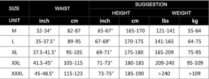 Supplier thermal tights size guide with waist, height and weight units