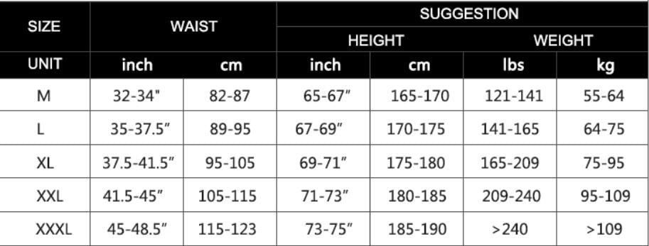 Supplier thermal tights size guide with waist, height and weight units