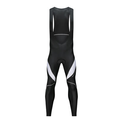 Black thermal cycling bib tights with white accents, rear view