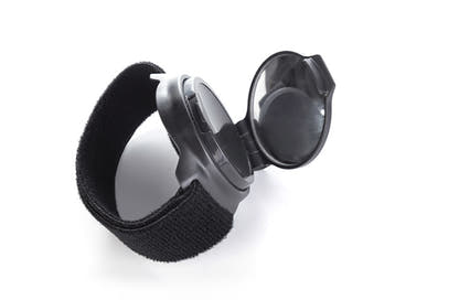 Single Black wrist-mounted cycling mirror opened, with fabric strap