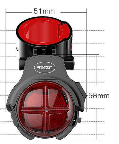 Supplier diagram of bicycle rear light, 51 mm across and 58 mm housing height