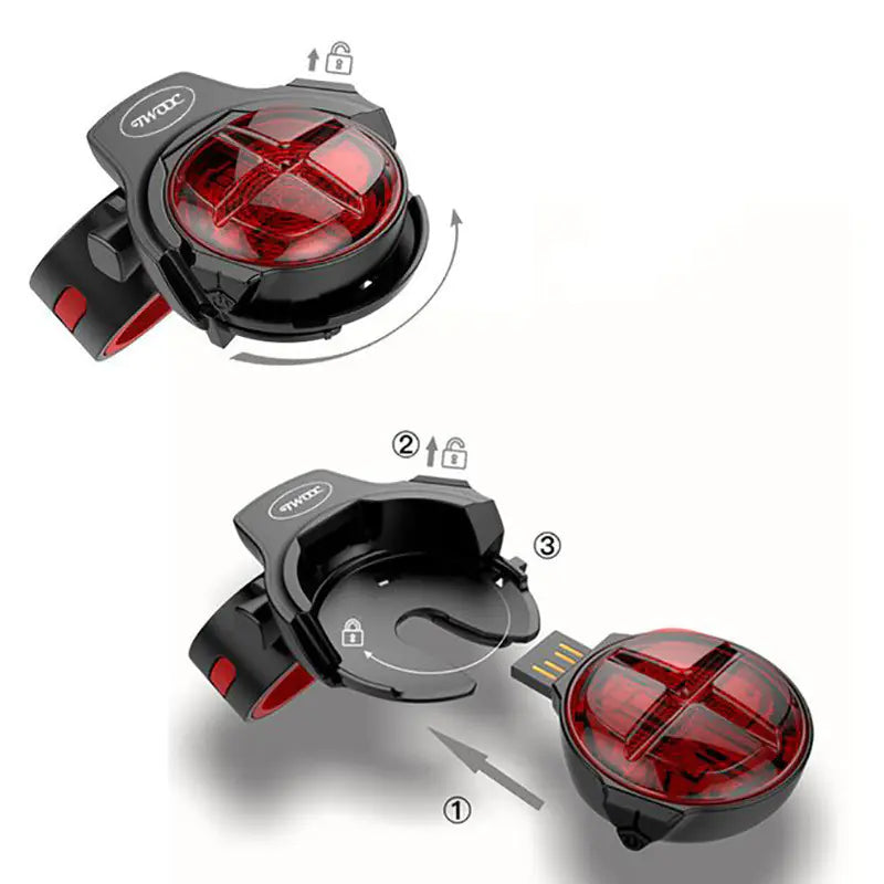 Black circular bicycle rear light with mounting attachment — supplier photograph
