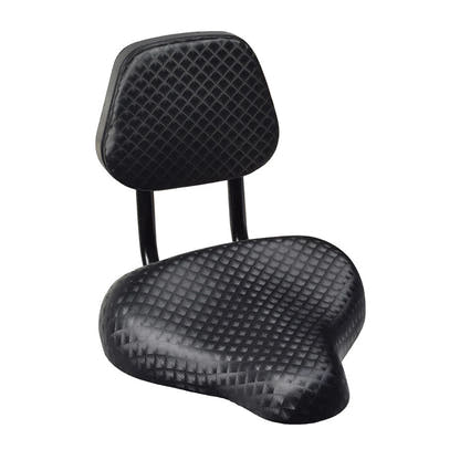 Black bicycle saddle with backrest, front view on white