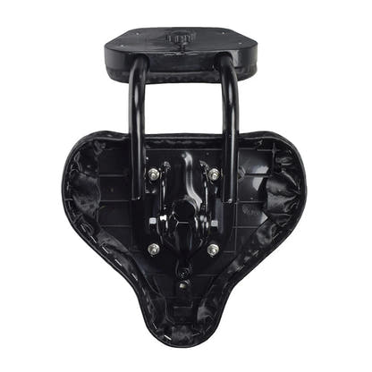 Underside of black bicycle saddle showing the mounting assembly