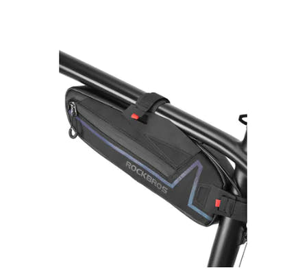 Exact supplier Black 1.5L frame-bag option mounted beneath bicycle top tube; bicycle excluded