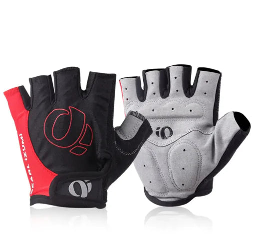 Red half-finger cycling gloves with grey palm — supplier reference