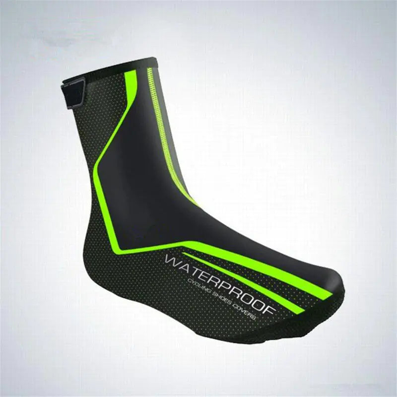 Black cycling shoe covers with green trim