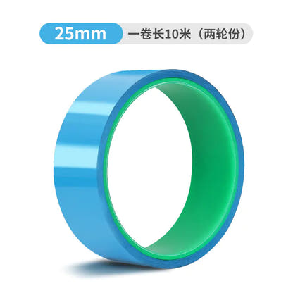 Supplier-labelled 25 mm × 10 m bicycle rim tape roll; blue tape with green core