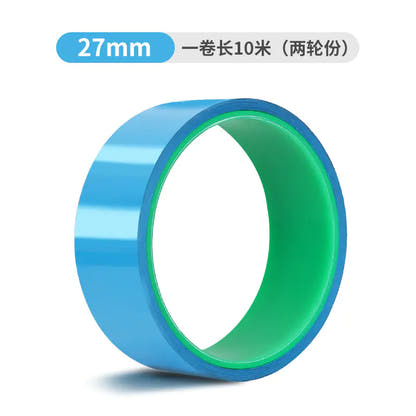 Supplier-labelled 27 mm × 10 m bicycle rim tape roll; blue tape with green core