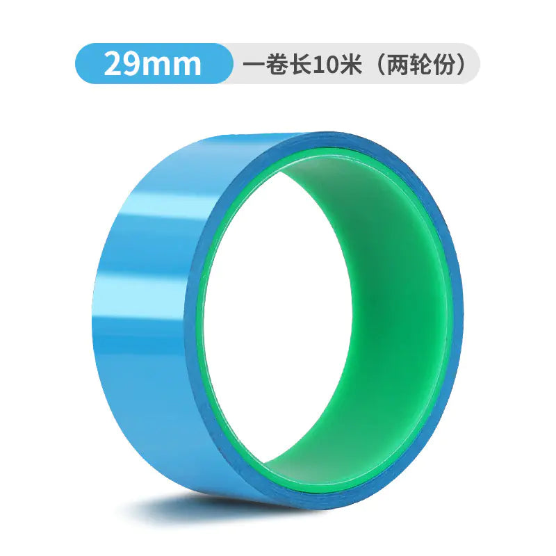 Supplier-labelled 29 mm × 10 m bicycle rim tape roll; blue tape with green core