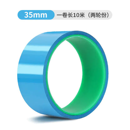 Supplier-labelled 35 mm × 10 m bicycle rim tape roll; blue tape with green core