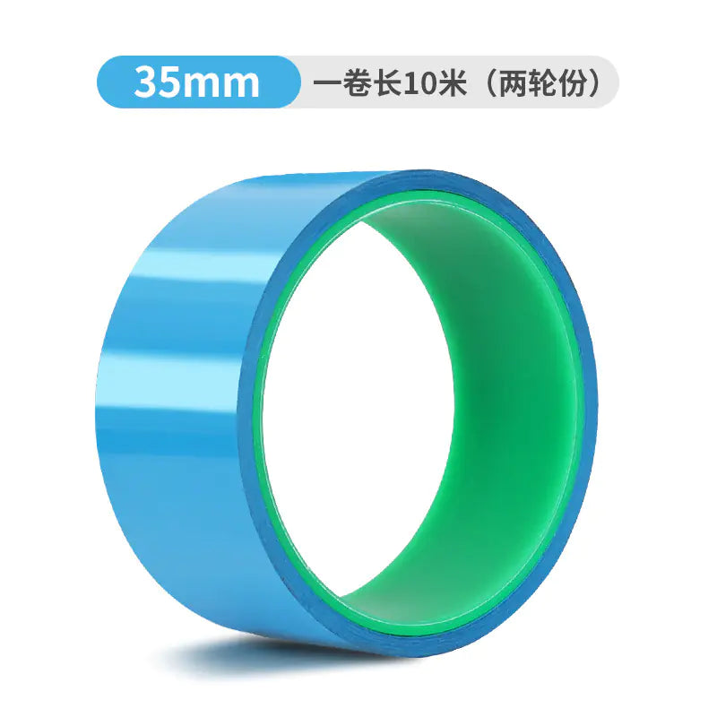 Supplier-labelled 35 mm × 10 m bicycle rim tape roll; blue tape with green core
