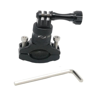 Black rotating bicycle handlebar camera clamp with mounting screw and hex key