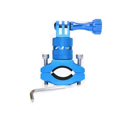 Blue rotating bicycle handlebar camera clamp with mounting screw and hex key