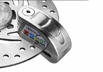 Silver VEISON alarm disc lock supplier reference; displayed disc and reminder cable illustrate use