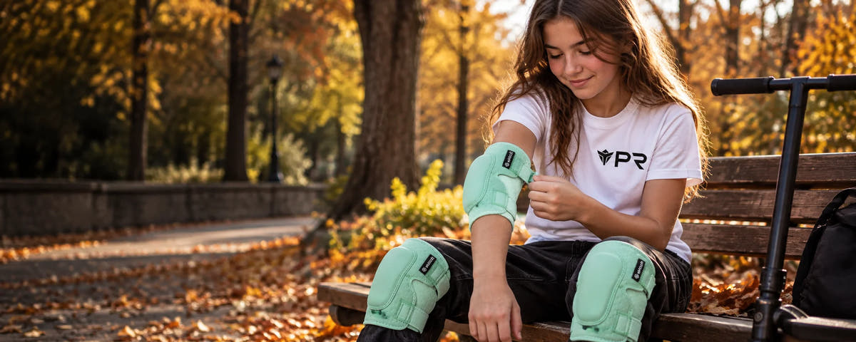 Young rider in a white Punk Ride T-shirt adjusting mint-green protective pads on an autumn park bench.