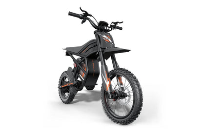 Riding Times GT54 Pro black electric dirt bike, front view on white