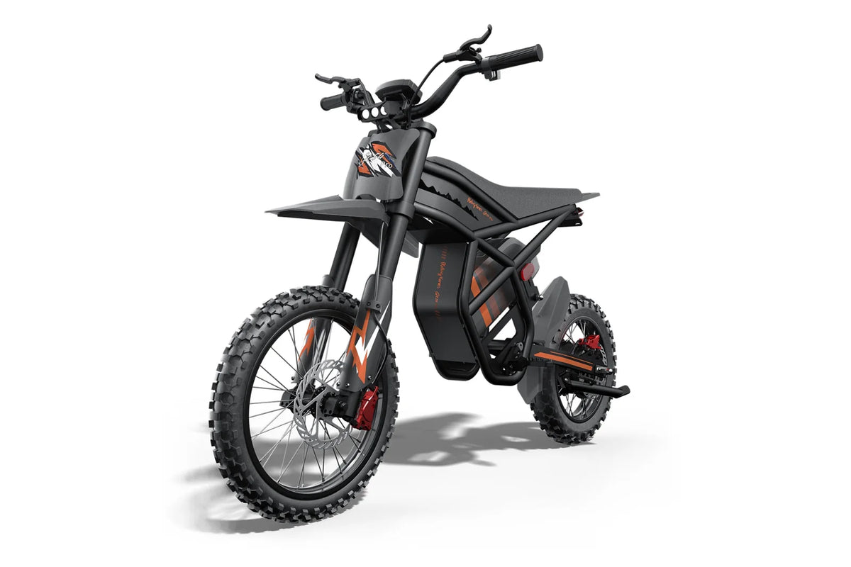Riding Times GT54 Pro black electric dirt bike, opposite front three-quarter view on white