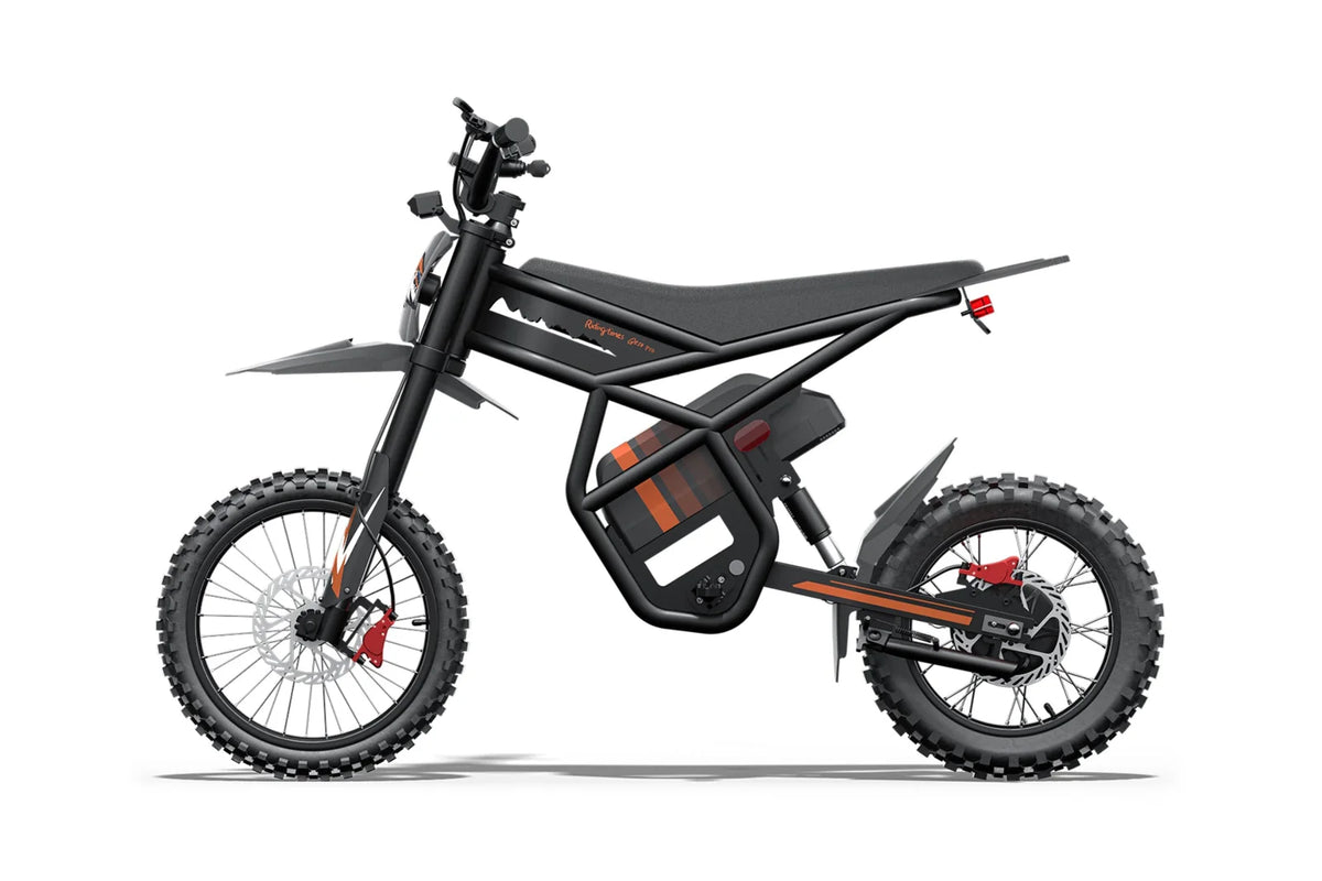 Riding Times GT54 Pro black electric dirt bike, side profile on white