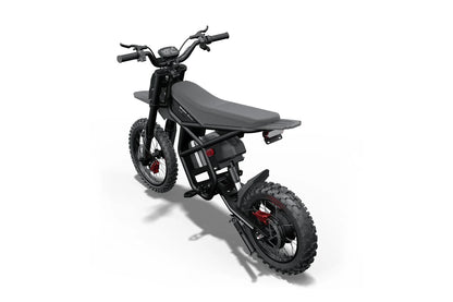 Riding Times GT54 Pro black electric dirt bike, rear three-quarter view on white