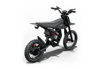 Riding Times GT54 Pro black electric dirt bike, opposite rear three-quarter view on white