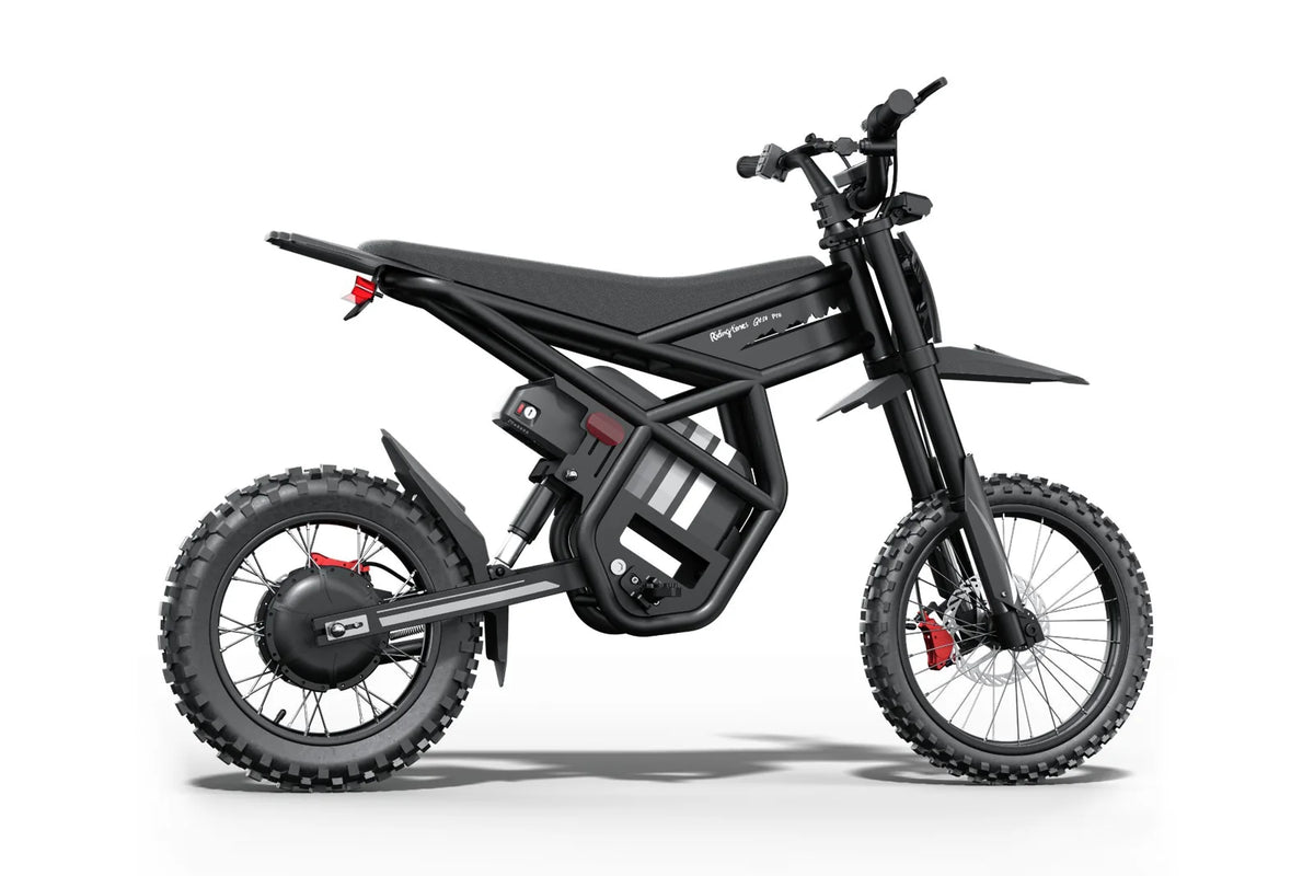 Riding Times GT54 Pro black electric dirt bike, front-side view on white