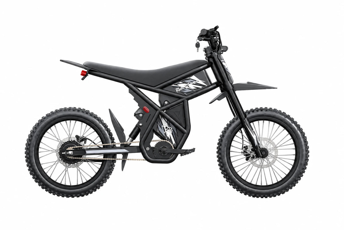 Riding Times GT73 black electric bike, full side view on a white background