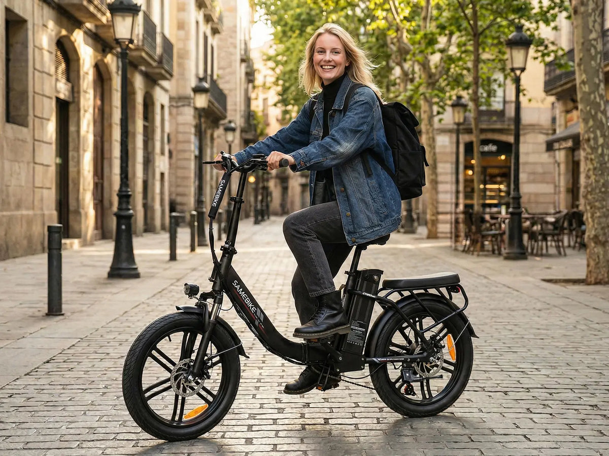 Rider using the compact SAMEBIKE CY20 Pro electric bike in the city