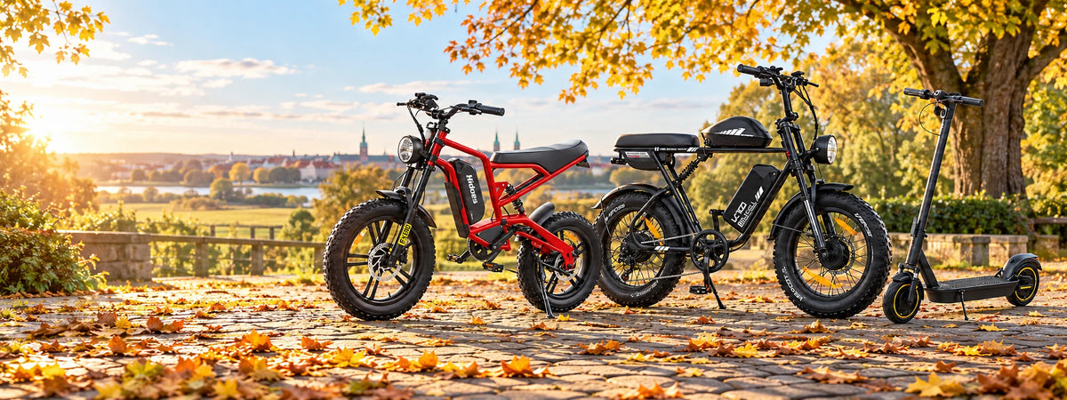 Three electric mobility products are displayed outdoors on a leaf-strewn stone path under autumn trees: a red fat-tire electric bike, a black fat-tire electric bike with a rear cargo bed, and a black electric scooter. The scene includes a distant town and river landscape in the background.