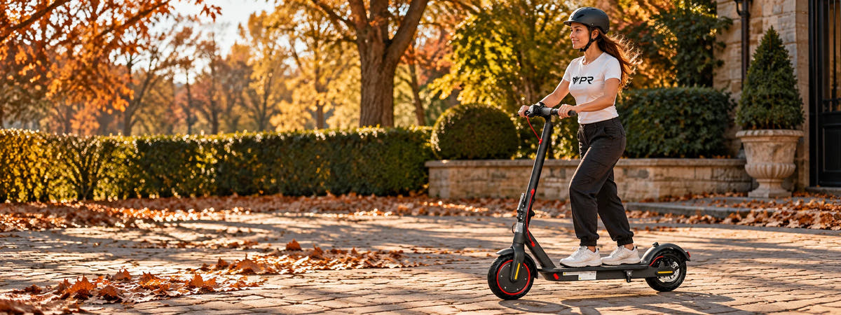 A helmeted rider wearing a white Punk Ride logo T-shirt rides the AOVOPRO ES80 Electric Scooter in an autumn setting. Desktop collection banner.