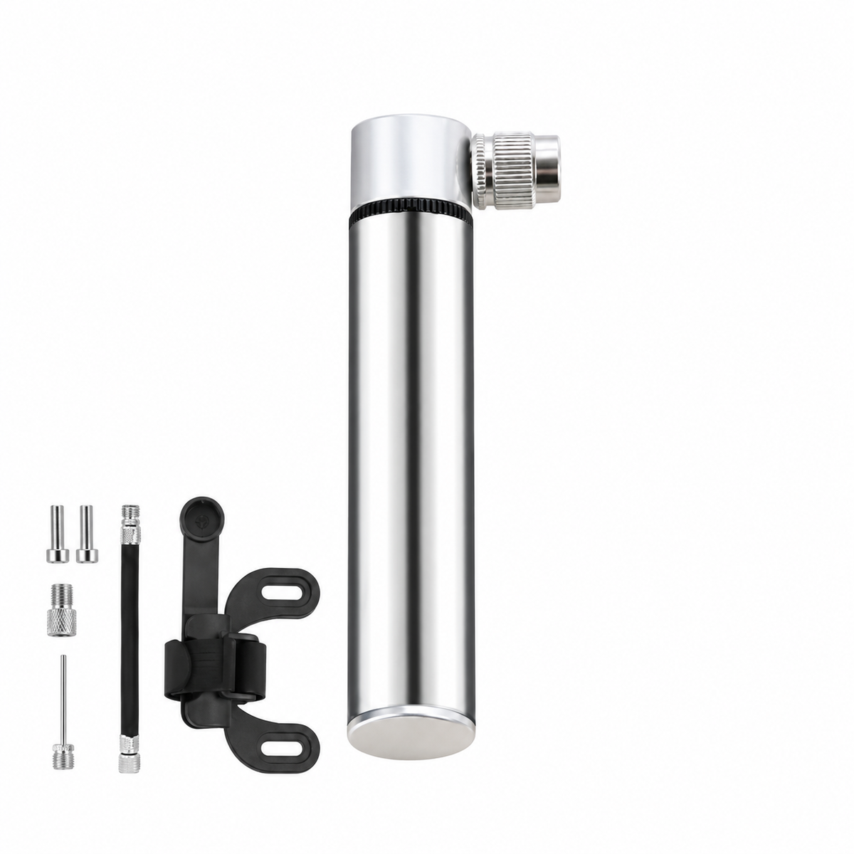 Silver mini bicycle pump and accessories on white background