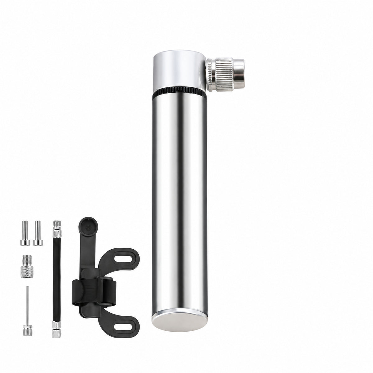 Silver mini bicycle pump and accessories on white background