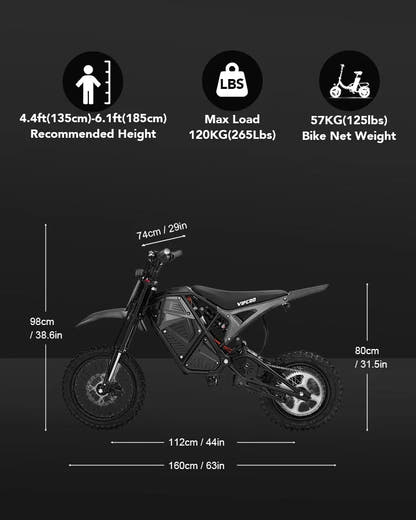 VIPCOO H3 electric dirt bike dimensions and details