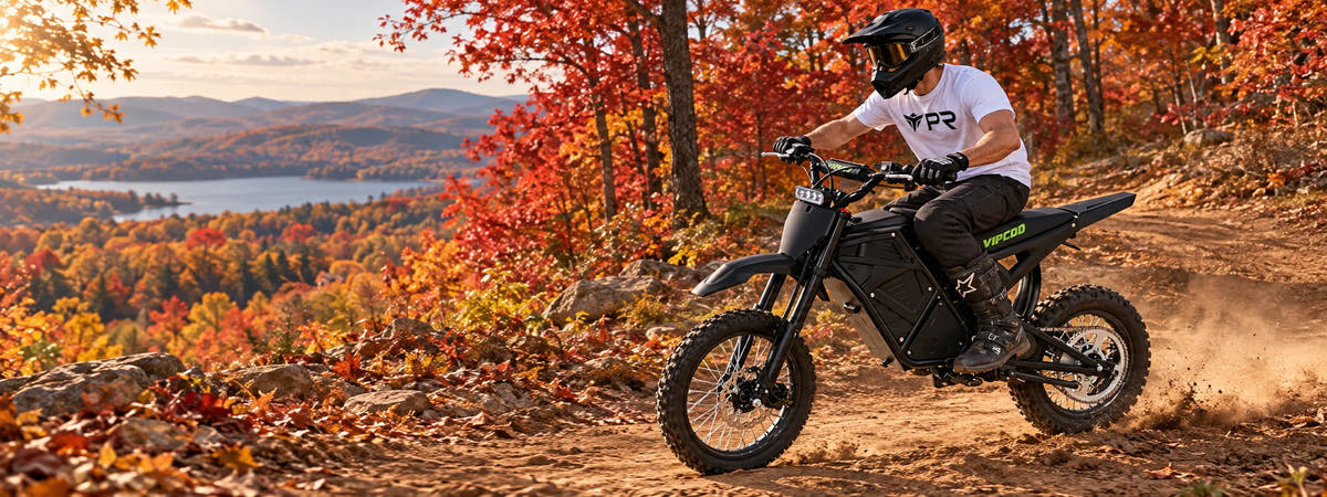 A helmeted rider wearing a white Punk Ride logo T-shirt rides the VIPCOO H3 Electric Dirt Bike in an autumn setting. Desktop collection banner.