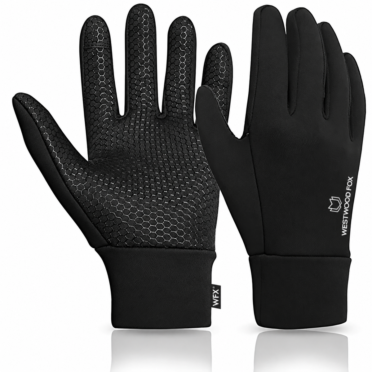 WESTWOOD FOX black full-finger gloves, palm and back views on white