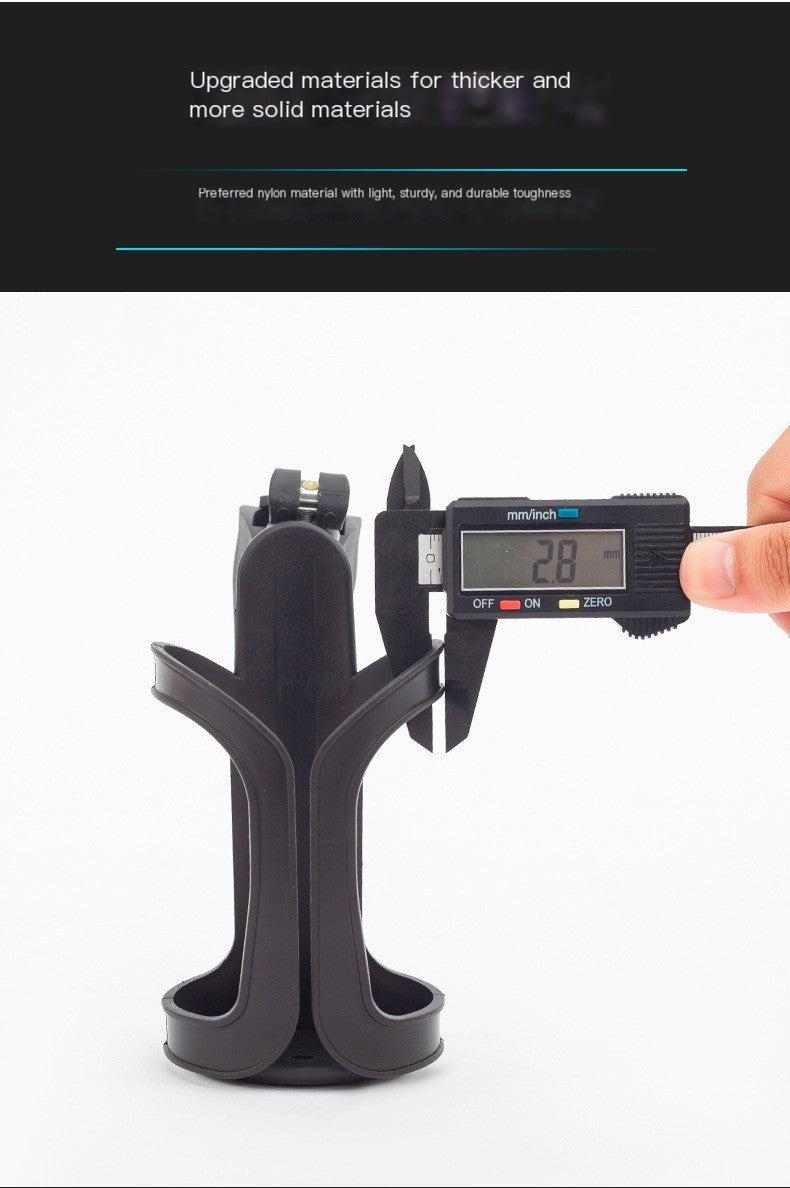 Black clamp-on bicycle cup holder; supplier measuring tool shown for reference