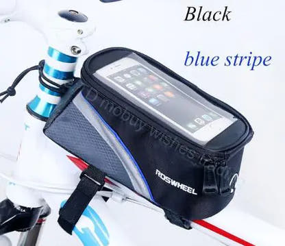 Bicycle storage bag, supplier Blue Stripe/5.5inch; phone and bicycle illustrate use