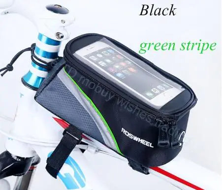 Bicycle storage bag, supplier Green Stripe/5.5inch; phone and bicycle illustrate use