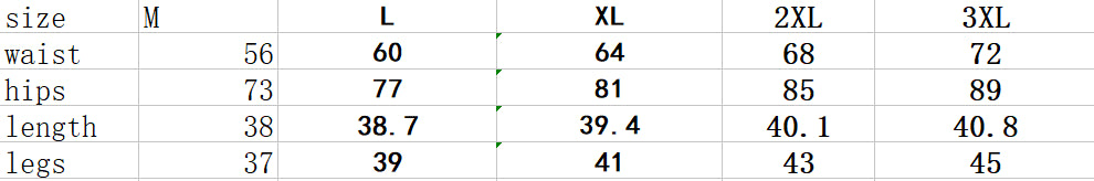 Original supplier size chart; measurement units not specified