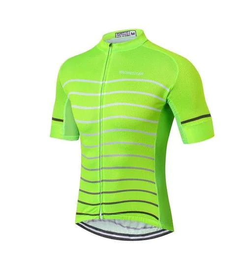 Green striped short-sleeve cycling jersey front view