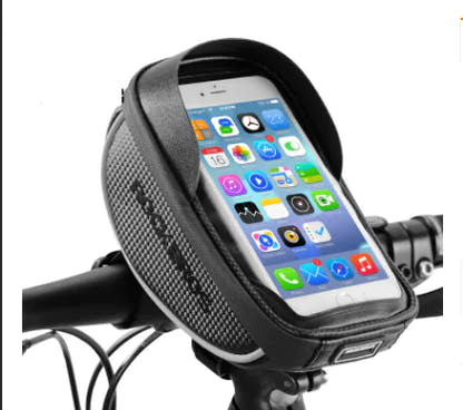 Bicycle phone storage bag, supplier-labelled Carbon back B; phone and bicycle illustrate use